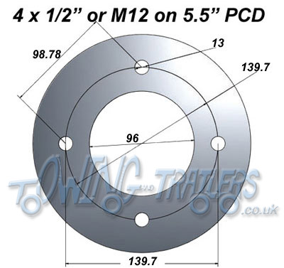 Trailer wheel PCD 4 stud 5.5 inch PCD for Ifor williams, Indespension, Brian james trailer