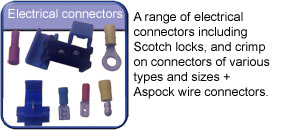 electrical connectors including scotch locks spade connectors built eyelets and aspock cable joiners for various sizes of wire
